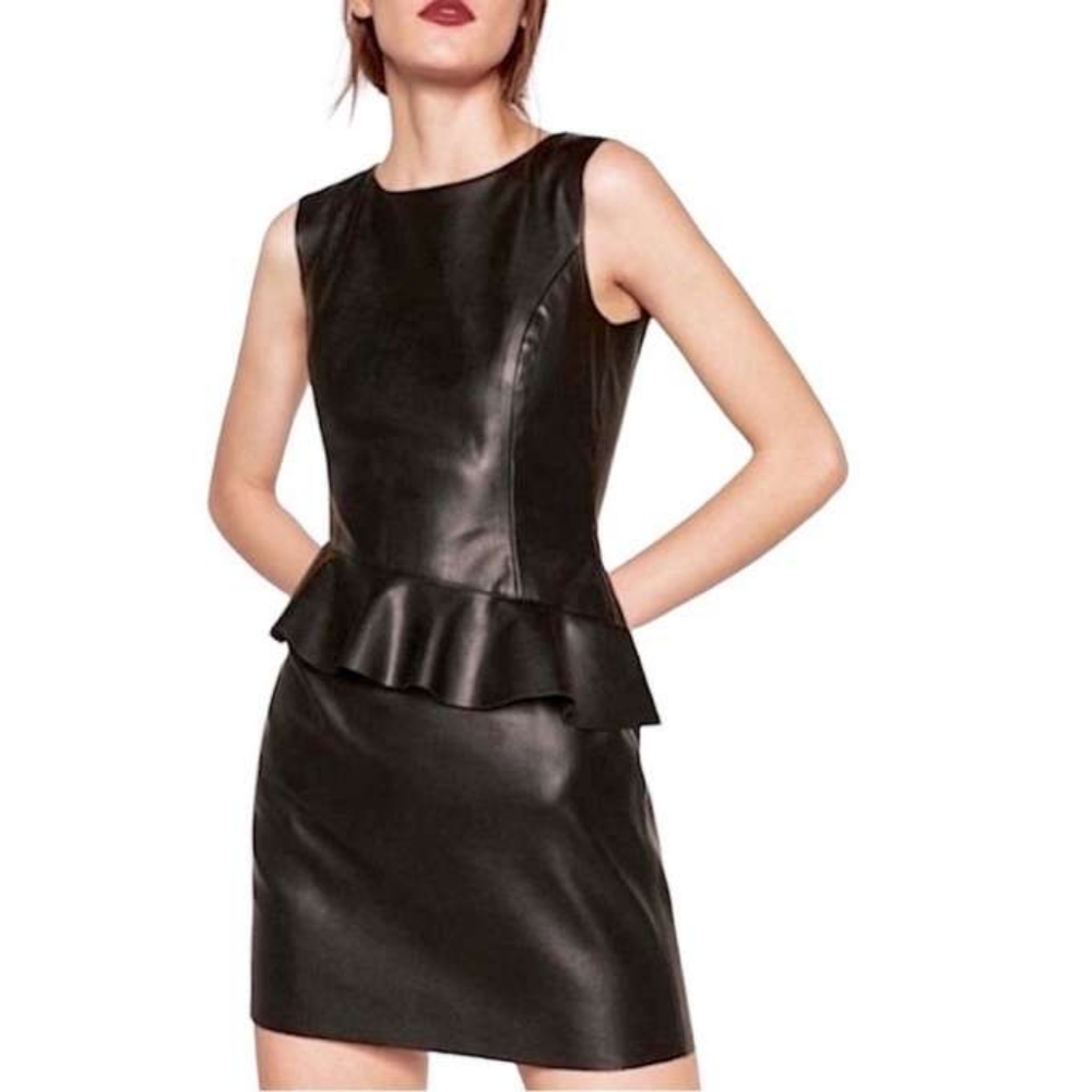 ZARA Leather Effect Peplum Mini Dress Black Small